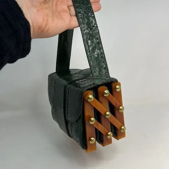 Emerald Green Snakeskin and Caramel Bakelite Geometric Tiered Handbag - Picture 2 of 16